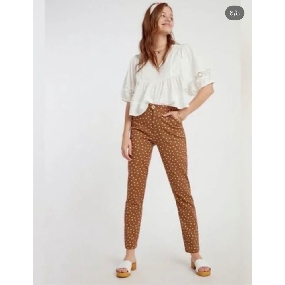 Anthropologie The Essential Slim Pants Brown Polka Dot Textured Trousers Size 10